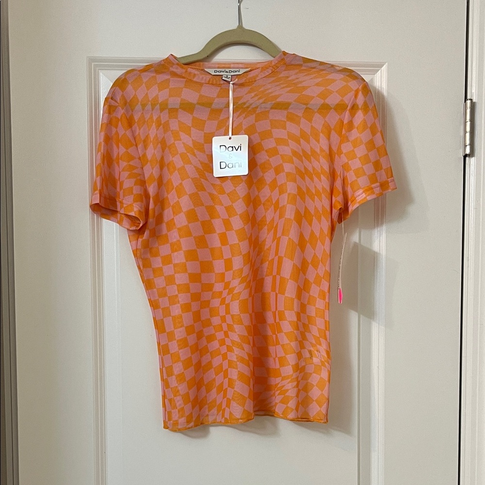 DAVI & DANI Pink and Orange Warped Checker Short Sleeve Tee